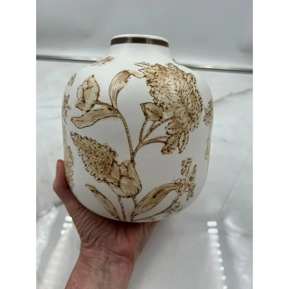 Vintage Style Ceramic Floral Bud Vase White and Brown Botanical Sketch 6.5 Inch